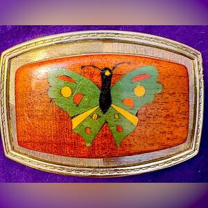 Vintage Wood Inlaid Butterfly Western Belt Buckle